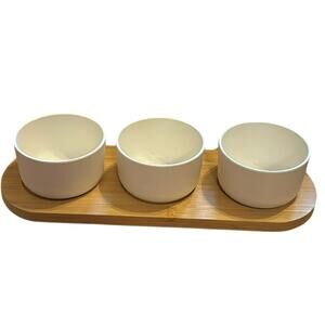 Home Bamboo Snack Bowl Set 4 Pc White Serving Bowls Tray NIB Appetizer